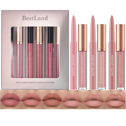 6 Stück Matt Lippenstift & Lip Liner Set, Velvety Nude Lipstick, Waterproof Non-Stick Cup Not Fade Liquid Lipstick, Lip Liner Lip Gloss Make up Set (Set E)